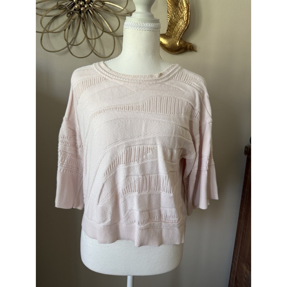 Cabi Sweater Womens Small Blush Pink Cropped Knit Short Sleeve Cotton Top Flaw